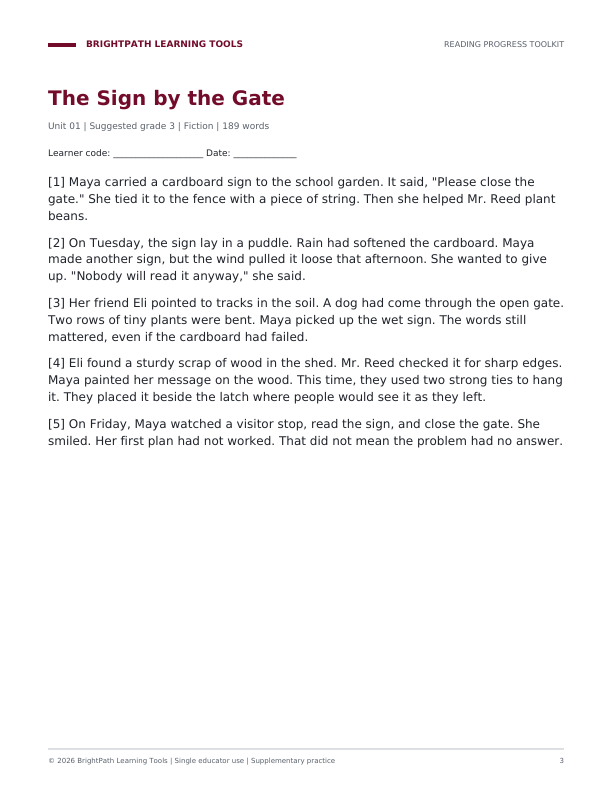 Preview of the actual BrightPath grade 3 fiction worksheet